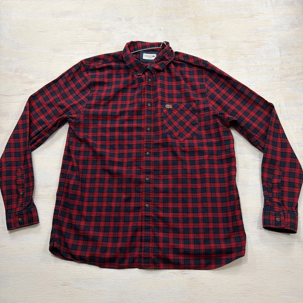 Lacoste Button Down Shirt Regular Fit XL Plaid Long Sleeve Red Navy Blue Mens